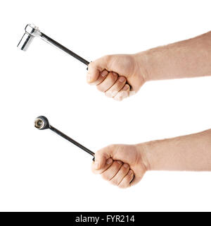 Set of hand holding a socket wrench tool, composition isolated over the white background Stock Photo