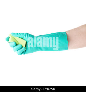 Hand in rubber latex glove holding kitchen sponge over white isolated background Stock Photo