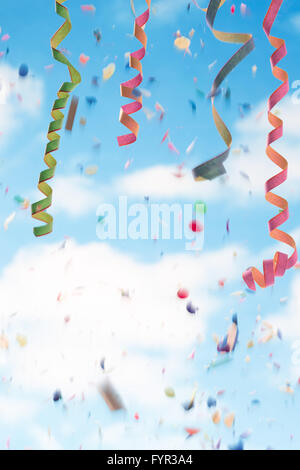 Streamers and confetti white and blue  background Stock Photo