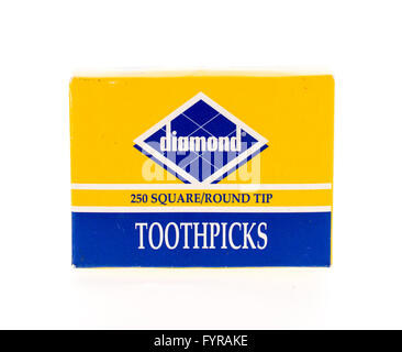 Winneconne, WI - 20 April 2015:  Box of Diamond square and round tip toothpicks. Stock Photo