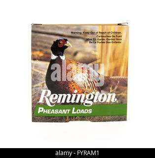 Winneconne, WI - 20 April 2015:  Box of pheasant load shotgun shells made by Remington. Stock Photo