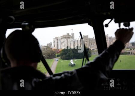 View from the cockpit of Windsor Castle as Marine One helicopter carrying U.S President Barack Obama approaches to land April 22, 2016 in Windsor, United Kingdom. Stock Photo