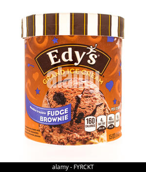 Winneconni, WI - 29 June 2015: Container of Edy's Grand ice cream in fudge brownie flavor. Stock Photo