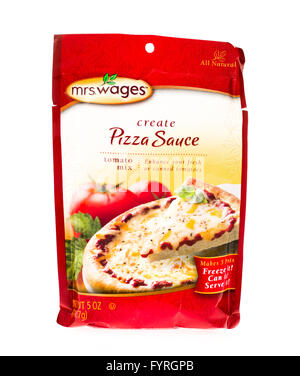 Winneconne, WI - 20 April 2015:  Package of Mrs. Wage pizza sauce mix used for canning. Stock Photo