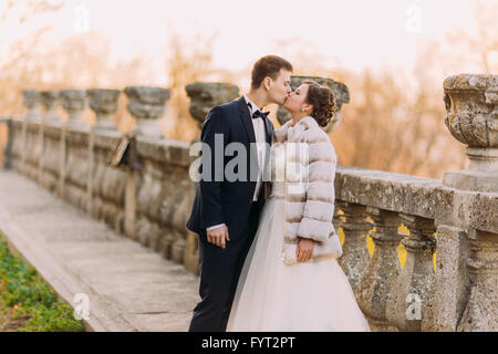 Luxury wedding couple hugging and kissing on the stairs in castle Stock Photo