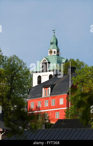 Historical buildings in Porvoo - the old house and bell tower. Finland Stock Photo