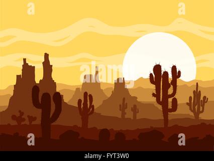 Sunset in stone desert  with cactuses and mountains. Stock Vector