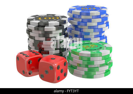 casino chips and dice, 3D rendering isolated on white background Stock Photo