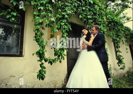 Wedding couple background old house Stock Photo