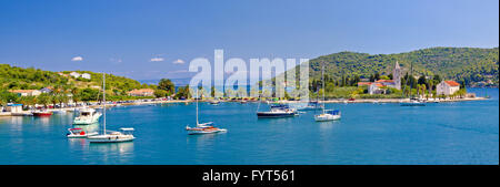 Vis island church and harbor panorama Stock Photo