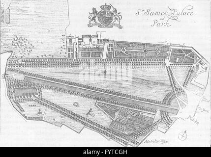 ST.JAMES'S PARK & PALACE: 17th century plan, after Knyff. London, print c1880 Stock Photo