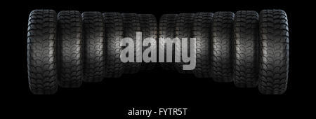 New rubber tires for car isolated on black background. 3D rendering. Stock Photo