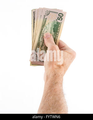 Caucasian ethnicity hands holding fan of US dollar bills Stock Photo