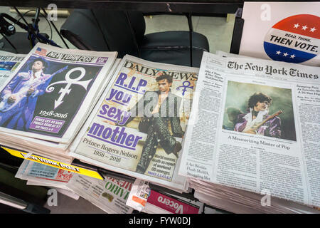 Front pages and headlines of the New York newspapers on Friday, April 22, 2016 report on the previous day's death of popular musician Prince. Prince, whose full name was Prince Rogers Nelson, was found unresponsive in his Chanhasen MN, a suburb of Minneapolis,  home (© Richard B. Levine) Stock Photo