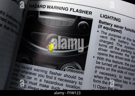 Details about the hazard warning button in a Hyundai Accent Owner's Manual. Stock Photo
