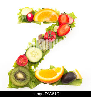 Letter Z made of salad and fruits. Stock Photo