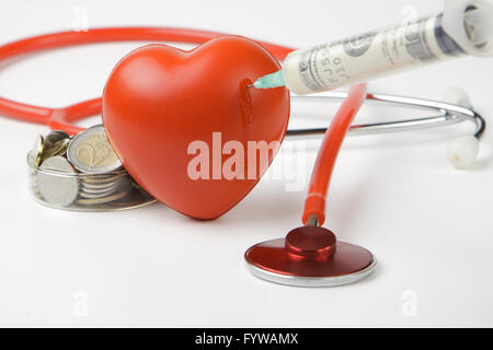 blood drop while injecting red heart with syringe on white background ...