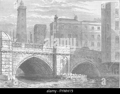 SOUTHWARK: Old London Bridge. Shot Tower & St.Olave's church, in 1820, c1880 Stock Photo