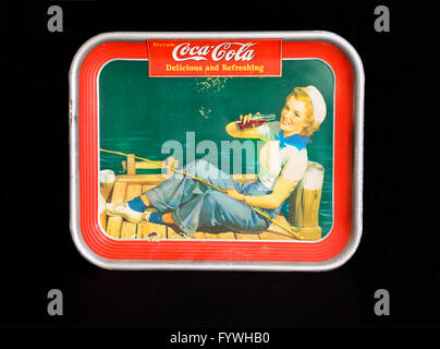 Vintage 1940's tin Coca-Cola advertising serving tray, Girl sitting on a pier with fishing rod.