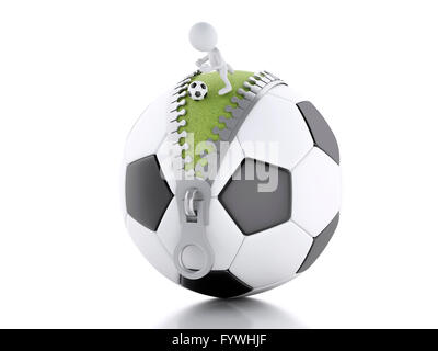 3d renderer image. 3d white people playing on top of soccer ball. Sport concept. Isolated white background. Stock Photo