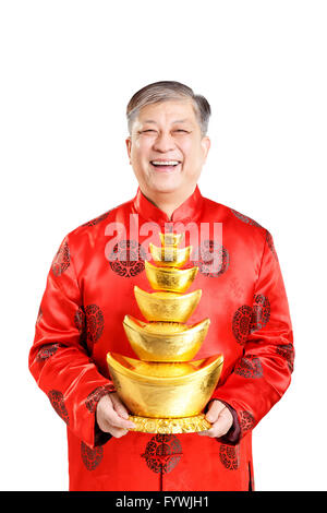 old man with mandarin in chinese new year Stock Photo