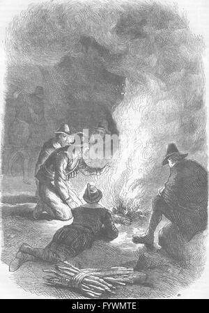 CLERGY: Pilgrim Fathers round watch-fire, antique print c1880 Stock Photo