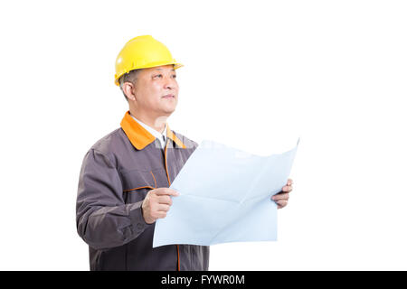isolated engineer holding blueprint Stock Photo
