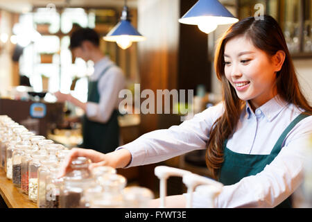 portrait waitress and waiter in cafe Stock Photo