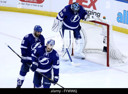 Tampa, Florida, USA. 27th Apr, 2016. DOUGLAS R. CLIFFORD | Times.fTampa Bay Lightning goalie Ben Bishop (30) is beaten for New York's third goal of the first period during Wednesdsy's (4/27/16) game between the Tampa Bay Lightning and the New York Islanders for game one of the second round of the Stanley Cup Playoffs. Credit:  Douglas R. Clifford/Tampa Bay Times/ZUMA Wire/Alamy Live News Stock Photo