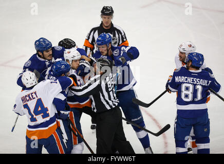 Tampa, Florida, USA. 27th Apr, 2016. LOREN ELLIOTT | Times.Players are separated after an altercation during the first period of the the first game between the Tampa Bay Lightning and New York Islanders in round two of the Stanley Cup Playoffs at Amalie Arena in Tampa, Fla., on Wednesday, April 27, 2016. Credit:  Loren Elliott/Tampa Bay Times/ZUMA Wire/Alamy Live News Stock Photo