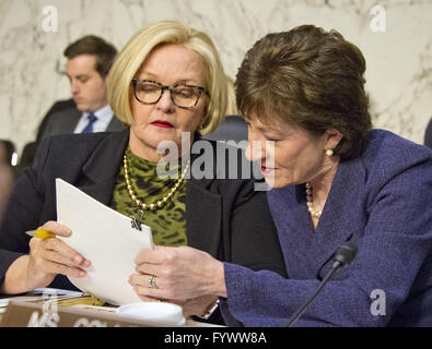 Washington DC, USA. 27th Apr, 2016. United States Senator Susan Collins (Republican of Maine), Chairman, US Senate Committee on Aging, right, and US Senator Claire McCaskill (Democrat of Missouri), Ranking Member, discuss the testimony prior to the hearing on 'Valeant Pharmaceuticals' Business Model: the Repercussions for Patients and the Health Care System'' to order on Capitol Hill in Washington, DC on Wednesday, April 27, 2016. Credit:  ZUMA Press, Inc./Alamy Live News Stock Photo