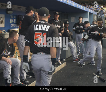 Los Angeles, California, USA. 27th Apr, 2016. Ichiro Suzuki #51 of the Miami Marlins plays with teammates before the baseball game against the of the Los Angeles Dodgers at Dodger Stadium on April 27, 2016 in Anaheim, California.ARMANDO ARORIZO Credit:  Armando Arorizo/Prensa Internacional/ZUMA Wire/Alamy Live News Stock Photo