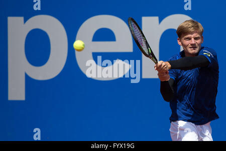 Munich, Germany. 28th Apr, 2016. Belgium's David Goffin in action against Victor Estrella Burgos of the Dominican Republic (unseen) during their second round match of the ATP tennis tournament in Munich, Germany, 28 April 2016. Photo: SVEN HOPPE/dpa/Alamy Live News