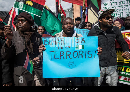 Brussels, Bxl, Belgium. 28th Apr, 2016. Biafrans hold the protest at the European Union quarter in Brussels, Belgium on 28.04.2016 Protestors demand independence for Biafra which is the part of Nigeria. Biafra was an independent country from 1967 to 1970. Now there is strong secessionist movement. by Wiktor Dabkowski © Wiktor Dabkowski/ZUMA Wire/Alamy Live News Stock Photo