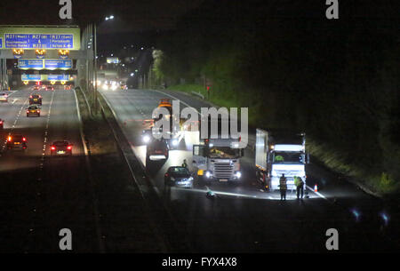 Hampshire, UK. 28th April, 2016. A Man has been struck by a car after running across a three lane major motorway in Hampshire.   Ambulance crews were called out to the emergency that occurred between junctions 12 and 13 of the M3 on the northbound carriageway.  The motorway is currently closed after what Highways England are calling a 'serious incident'.  Two ambulance crews and a doctor attended the scene at 7. Credit:  uknip/Alamy Live News Stock Photo