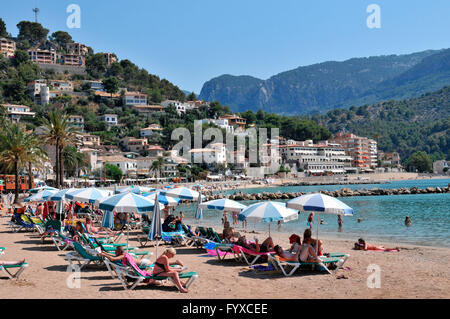 Beach, Port de Soller, Mallorca, Spain / sunshades Stock Photo