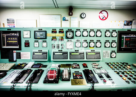 Control systems for the engine room on board a container ship. Stock Photo