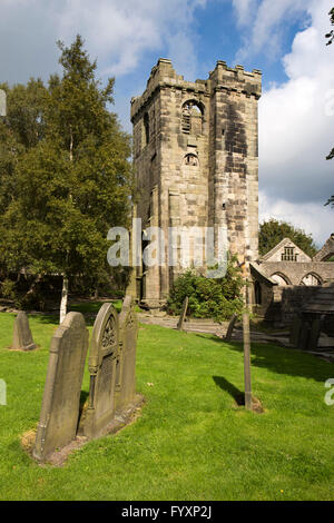 UK, England, Yorkshire, Calderdale, Heptonstall, tower of ruined of 13th Century St Thomas a’Becket Church Stock Photo