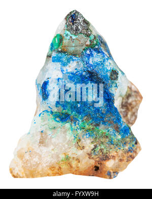 macro shooting of natural mineral stone - gray Tennantite, green Tirolite and blue Azurite minerals on quarz isolated on white b Stock Photo