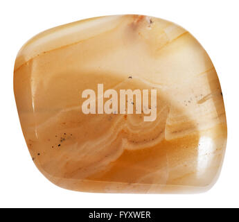 macro shooting of natural mineral stone - polished banded yellow agate (chalcedony) gemstone isolated on white background Stock Photo