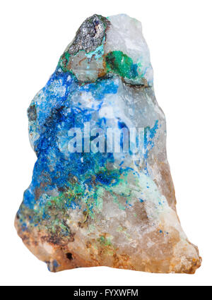 macro shooting of natural mineral stone - gray Tennantite crystal, green Tirolite mineral and blue Azurite gemstone on quarz iso Stock Photo