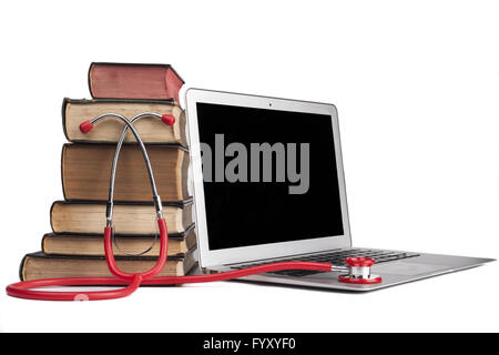 Red Stethoscope on Laptop Stock Photo