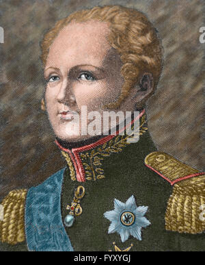 Alexander I of Rusia (1777-1825). Emperor of Russia (1801-1825), the first King of Poland (1815-1825) and the first Russian Grand Duke of Finland. Portrait. engraving. 19th century. Colored. Stock Photo