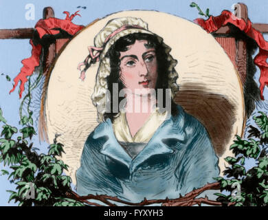 Charlotte Corday (1768-1793). French aristocrat and figure of the French Revolution. Executed by guillotine for the assassination of Jacobin leader Jean-Paul Marat due to the radicalization of the course of the Revolution in the political purge of the Girondins. Portrait. Engraving. Colored. Stock Photo