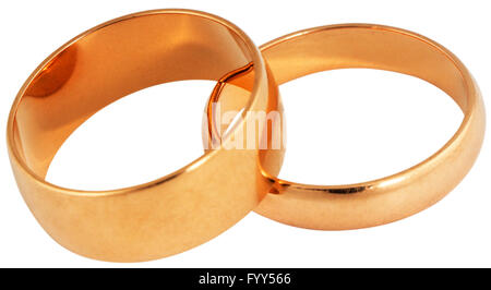 Two wedding golden rings isolated on white Stock Photo