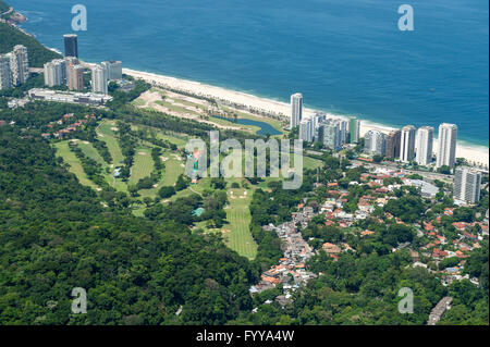 Scenic skyline view of the Sao Conrado neighborhood with its beach and golf course in Rio de Janeiro, Brazil Stock Photo