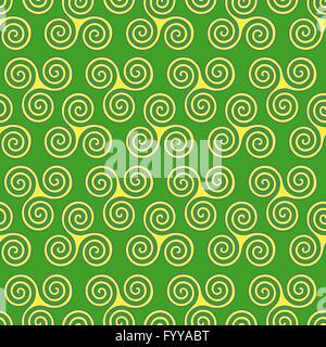 Seamless vector pattern with swirling triple spiral or Triskele, a complex ancient Celtic symbol, shapes in yellow and blue on t Stock Vector