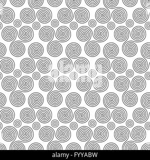 Seamless vector pattern with circles and swirling triple spiral or Triskele, a complex ancient Celtic symbol, black shapes on th Stock Vector