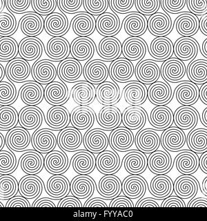Monochrome seamless vector pattern with swirling triple spiral or Triskele, a complex ancient Celtic symbol, black shapes on the Stock Vector