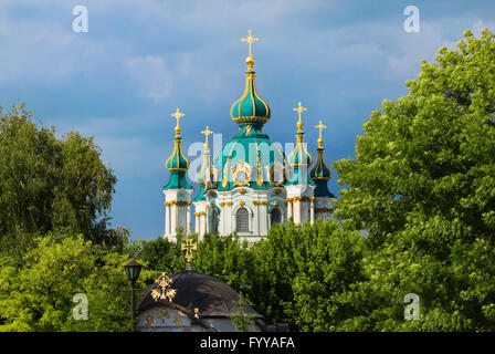 The Saint Andrew's Church, view from foundation of the Church of the Dime, Kiev, Ukraine Stock Photo